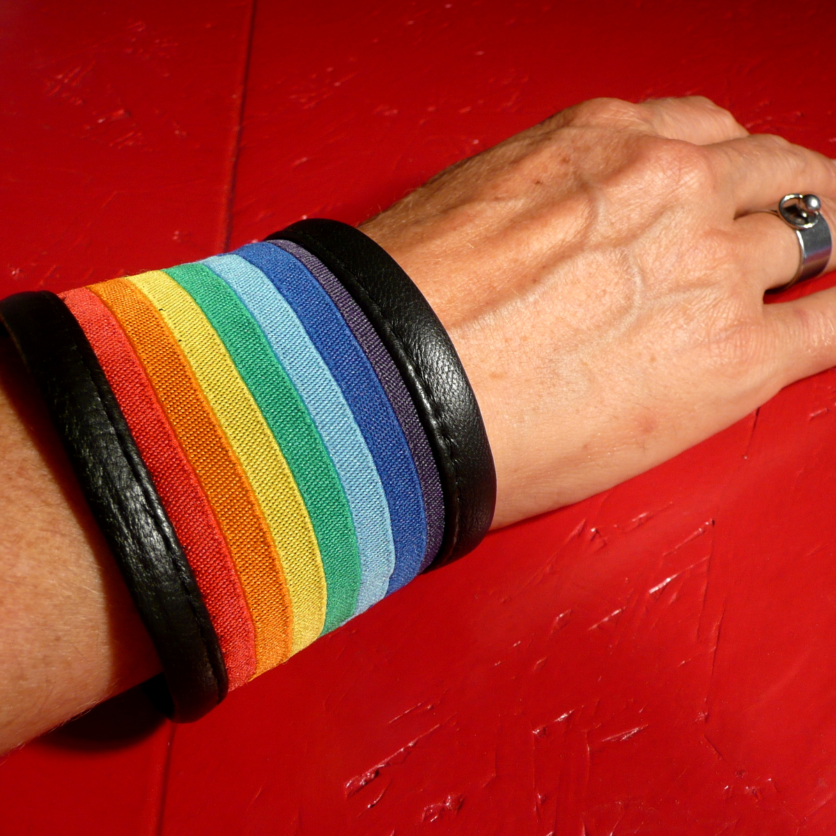 Leather Wristband with Rainbow Flag