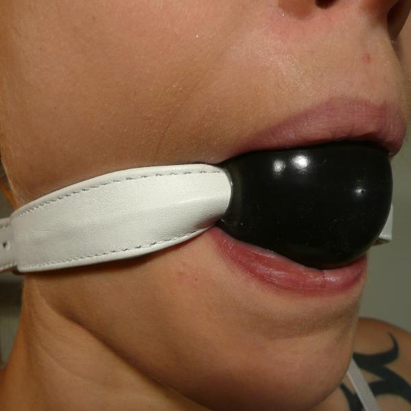 Silicone Ball Gag, black (with white leather strap)