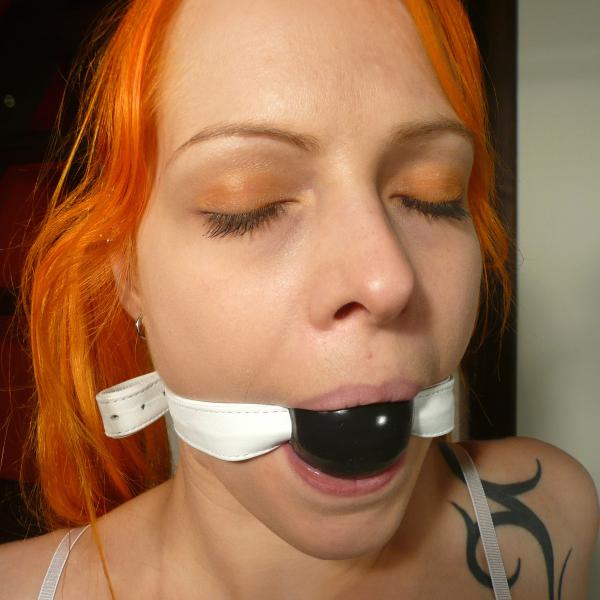 Silicone Ball Gag, black (with white leather strap)