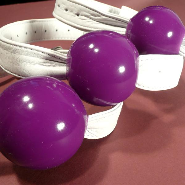 Silicone Ball Gag, purple (with white leather strap)